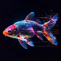 Dynamic Cybernetic-Fish An Abstract Digital Art Rendition of a Goldfish with Neon Glitch Effects and Futuristic Projections
