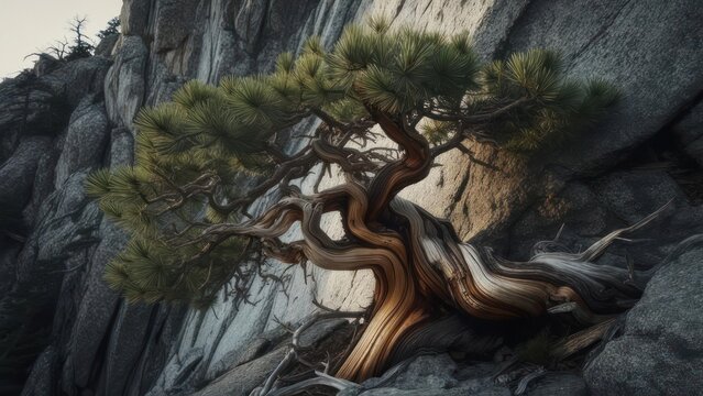 Pine tree growing on rocky cliffside