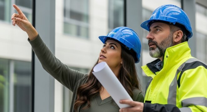 construction supervisor reviewing blueprints on-site in a modern building under development, focused collaboration