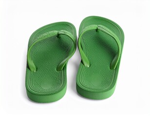 Pair of stylish green flip-flops on white background 
