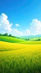 Obraz premium Vast, endless fields stretch to the horizon under a clear blue sky Rolling hills and distant trees create a peaceful, idyllic scene Perfect for travel brochures or landscape projects , light, blue