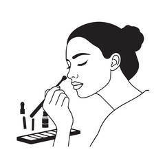 Black and white line art of a beautiful woman doing makeup at dressing table with mirror illustration
