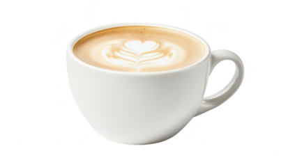 A beautifully crafted cup of latte with intricate heart-shaped foam art. placed on a clean white surface. evoking a cozy caf? atmosphere. perfect for coffee lovers and food photography enthusiasts