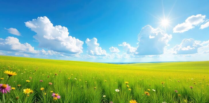 Vast expanse of tallgrass prairie under a vibrant blue sky, wildflowers dotting the landscape, sunlit and serene A breathtaking natural scene , prairie, plains, horizon