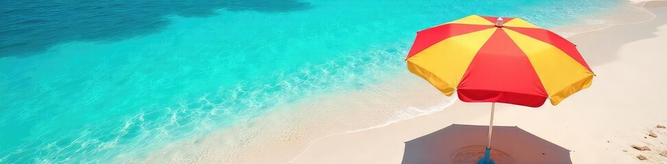Obraz premium Vibrant beach umbrella providing shade on a sunny day, casting a shadow on the sand Perfect for summer vacation, relaxation, and outdoor fun , joy, beach