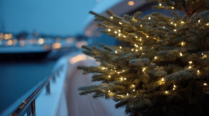 Decorative Christmas Tree on the Yacht deck, empty space, card