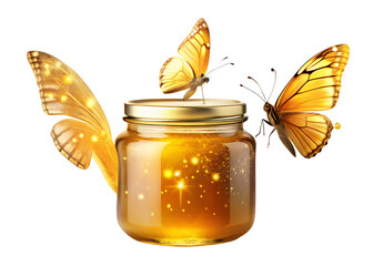 Three Golden Butterflies Around Jar of Sparkling Honey butterfly insect isolated on a transparent background