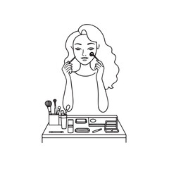 Black and white line art of a beautiful woman doing makeup at dressing table with mirror illustration
