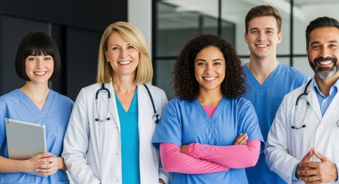 A diverse group of healthcare professionals smiling together in a clinical setting, representing teamwork, compassion, and medical expertise