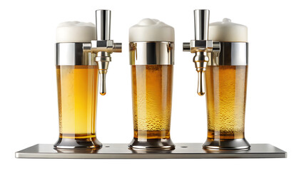 Three Beer Taps with Full Glasses of Beer on White Background graphic image isolated on a transparent background