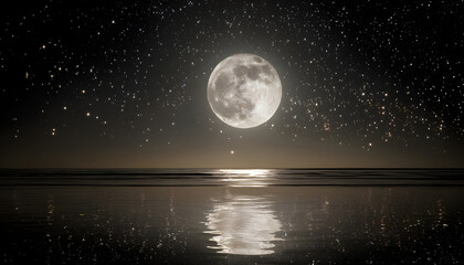 Fototapeta premium Bright, glowing full moon rises over a dark, reflective ocean water surface. Stars twinkle in the night sky