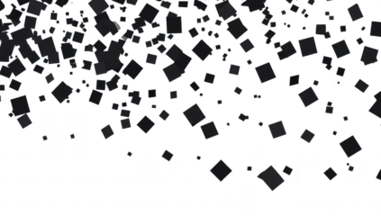 A dynamic and abstract representation of scattered black squares against a white background. conveying a sense of movement and chaos. suitable for modern design projects and artistic expressions