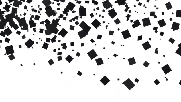 A dynamic and abstract representation of scattered black squares against a white background. conveying a sense of movement and chaos. suitable for modern design projects and artistic expressions