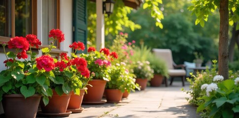 Obraz premium Vibrant potted geraniums add a splash of color to a sunny patio, creating a cheerful and welcoming outdoor space Perfect for summer, this scene evokes relaxation and tranquility , garden, flowers