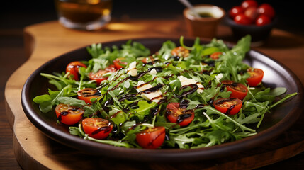 Bol de salade avec des morceaux de tomates cerises coup&eacute;es avec de la sauce vinaigrette. Nourriture saine et &eacute;quilibr&eacute;e. Pour conception et cr&eacute;ation graphique. 