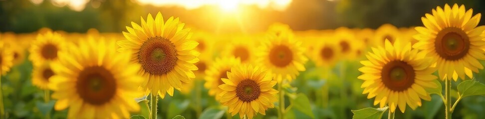 Fototapeta premium Vibrant sunflowers bask in the golden sunlight, their faces turned towards the sun in a field of bright yellow and green A perfect summer scene of nature's beauty , flowers, bright colors
