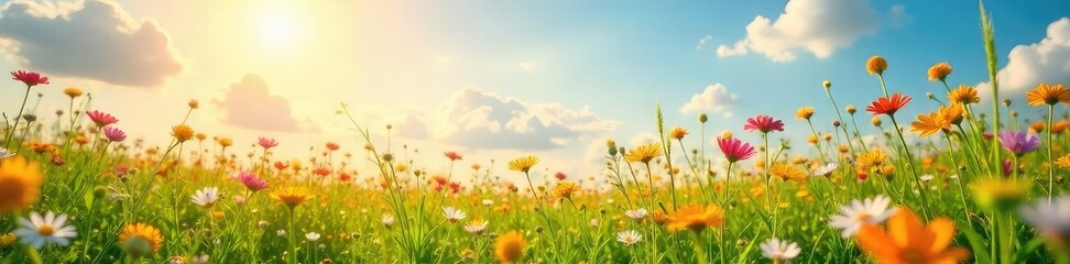 Obraz premium Vibrant sunlit meadow bursting with wildflowers, perfect for spring or summer themes Ideal for websites, blogs, and presentations needing a cheerful, bright background , bright, spring