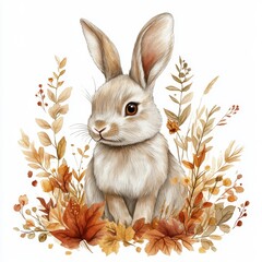 Obraz premium Adorable Brown Rabbit Surrounded by Autumn Leaves and Dried Flowers