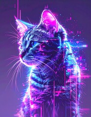 Vibrant Cyber-Cat Portrait - Electrifying Digital Art Featuring Neon Scanlines, Glitch Distortion, and Futuristic Data Fragments in Purple-Blue Tones