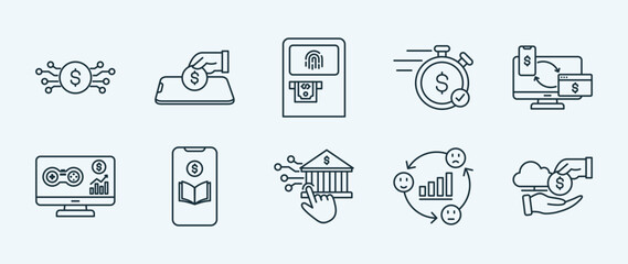 Financial technology thin icon set containing digital currency,mobile deposit,biometric atm,instant approval,cross platform
