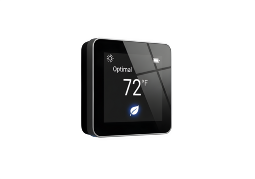 Smart thermostat displaying optimal temperature of 72 degrees fahrenheit isolated on transparent background, promoting energy efficiency and comfort