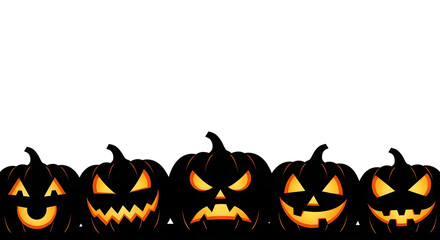Row of carved halloween pumpkins isolated on transparent background
