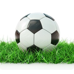 Obraz premium A classic black and white soccer ball rests on a patch of vibrant green grass against a stark white background