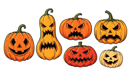 A group of carved halloween pumpkins isolated on transparent background