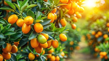 A lush kumquat orchard tree full of ripe kumquat fruits hanging among green leaves, bathed in warm daylight, symbolizing natural harvest and tropical abundance
