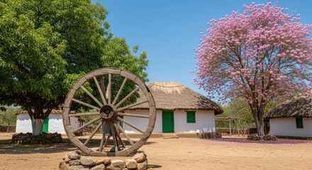 Fototapeta premium Rural Indian Village Scene With Old Wheel and Pink Blossom Tree