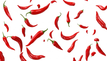 A arrangement of various red chili peppers scattered across a transparent background. their shapes and sizes. ideal for culinary themes or spice-related content