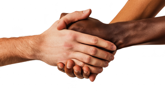 Two diverse hands engaging in a firm handshake symbolizing unity and collaboration. set against a clean white background. representing mutual respect and partnership in various contexts