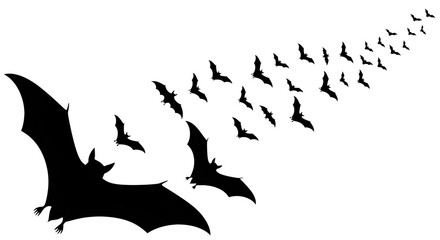 Flock of bats flying in silhouette isolated on transparent background
