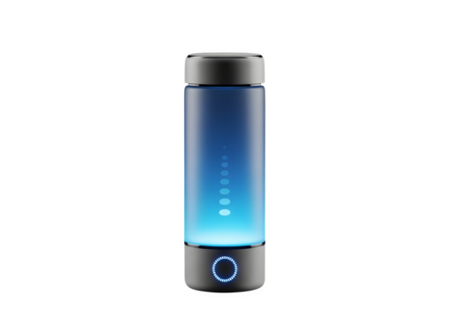 Sleek hydrogen water bottle with glowing blue light isolated on transparent background, showcasing its modern design and health benefits for hydration enthusiasts