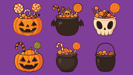 Halloween Candy Bucket Set with Pumpkin, Skull and Cauldron Vector Illustration © nanaars