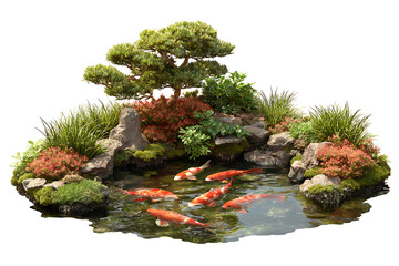 Serene koi pond with lush greenery, rocks, and vibrant fish, creating a tranquil and zen-like outdoor oasis perfect for relaxation
