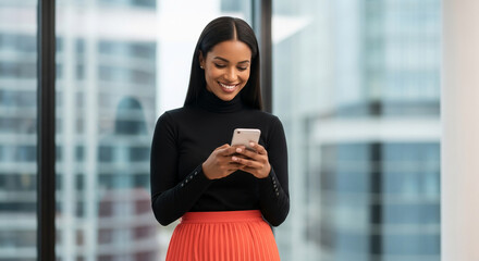 Smiling businesswoman uses smartphone in modern office setting, showcasing professional communication and technology integration in the workplace