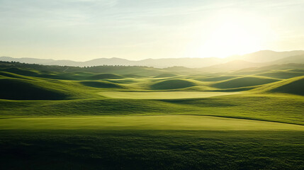 Fototapeta premium Serene Golf Course Landscape with Rolling Greens and Sunlit Hills