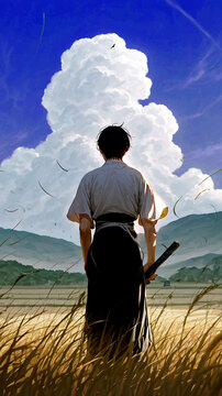 A samuray standing on a grass fild 