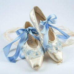 A pair of antique satin ballet slippers with light blue ribbons and delicate lace trim are artfully arranged against a soft white background