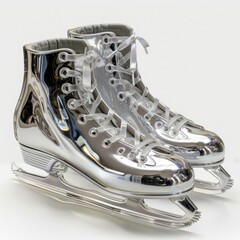 A pair of mirrored silver ice skates with white laces are displayed against a white background. The skates are high-top and feature a sleek, polished finish that reflects light