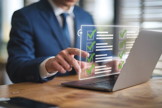 Businessman using finger to check virtual tasks on digital checklist interface, representing productivity, online task management, workflow planning and digital organization system for efficiency.