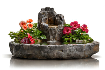 Stunning miniature waterfall with vibrant hibiscus flowers and lush greenery, creating a tranquil and relaxing zen garden oasis