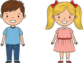 Cartoon boy and girl standing, smiling children, colorful vector art, cheerful kids, cute illustration, childhood, playful, happy faces, casual clothing