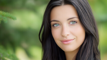 Obraz premium Portrait of young woman with bright blue eyes outdoors, symbolizing beauty, confidence and lifestyle, with natural green background and inclusive copy space.