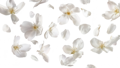 A delicate arrangement of white flower petals gracefully falling against a pure white background. creating a serene and tranquil atmosphere perfect for spring-themed designs or floral arrangements