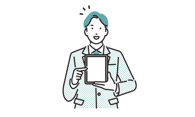 タブレットの画面を見せながら案内をするビジネスパーソンの男性