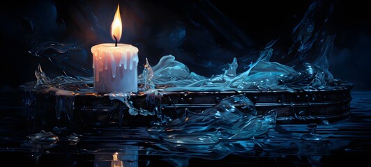 The black background contrasts sharply with the bright blue silver light emitted by candle,generative AI