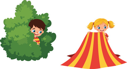Cartoon children playing hide and seek, cheerful kids, outdoor fun, vector art, cute illustration, childhood, playful moment, happy faces, game