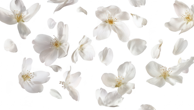A delicate arrangement of white flower petals gracefully falling against a pure white background. creating a serene and tranquil atmosphere perfect for spring-themed designs or floral arrangements